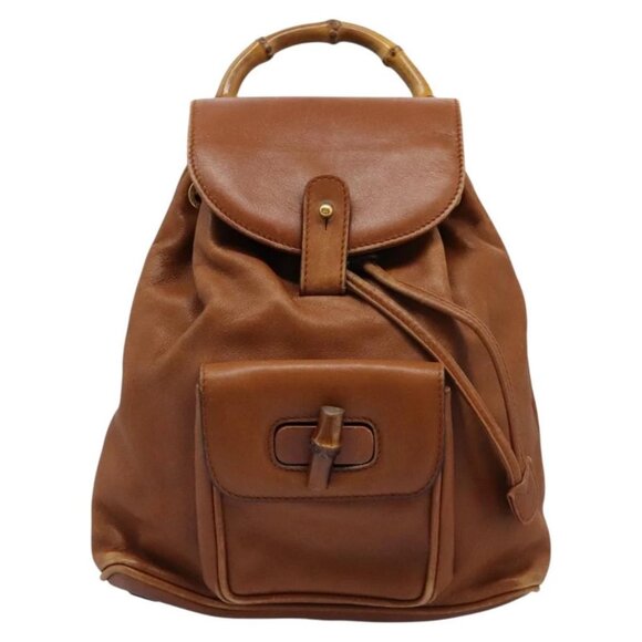 GUCCI Bamboo Backpack Leather Brown Gold - Picture 1 of 16